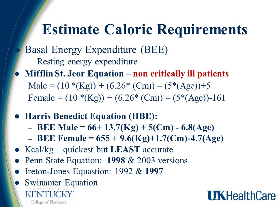 Resting Energy Expenditure Equation Talkchannels Barbara L Magnuson Pharm D Cnsc Nutrition Support Service
