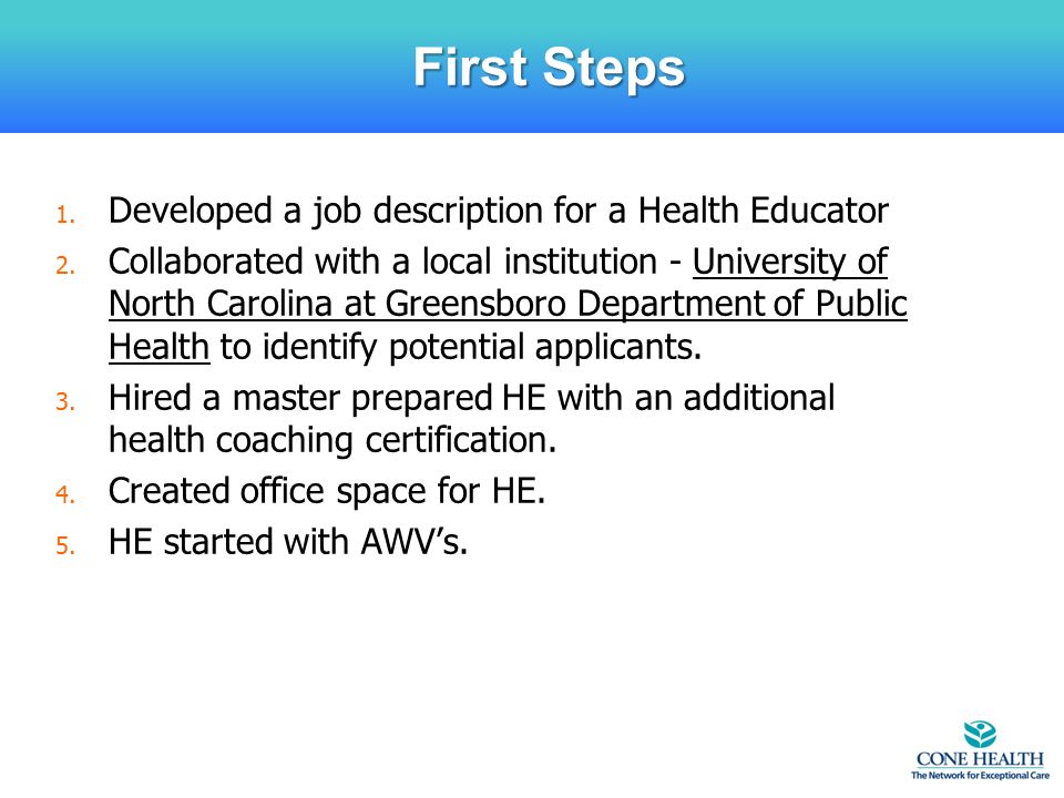 1. Developed a job description for a Health Educator 2.