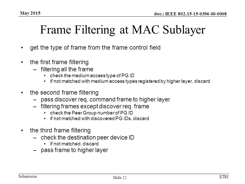 doc.: IEEE Submission ETRI May 2015 Frame Filtering at MAC Sublayer get the type of frame from the frame control field the first frame filtering –filtering all the frame check the medium access type of PG ID if not matched with medium access types registered by higher layer, discard the second frame filtering –pass discover req.