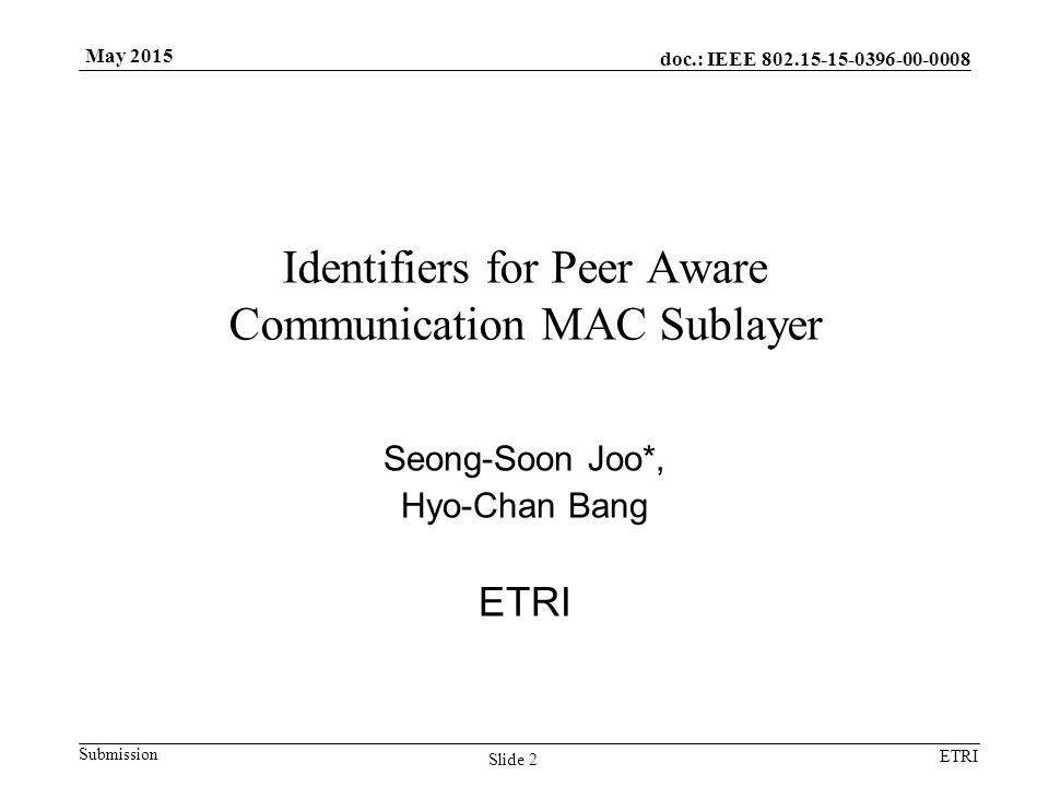 doc.: IEEE Submission ETRI May 2015 Slide 2 Identifiers for Peer Aware Communication MAC Sublayer Seong-Soon Joo*, Hyo-Chan Bang ETRI
