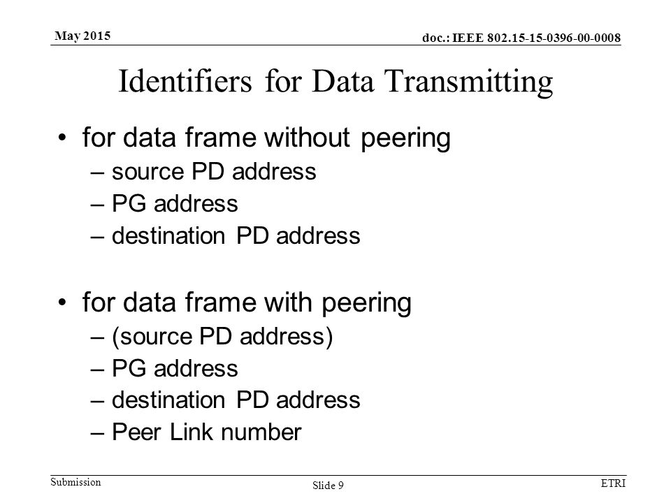 doc.: IEEE Submission ETRI May 2015 Identifiers for Data Transmitting for data frame without peering –source PD address –PG address –destination PD address for data frame with peering –(source PD address) –PG address –destination PD address –Peer Link number Slide 9