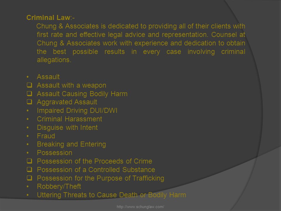 Criminal Law:- Chung & Associates is dedicated to providing all of their clients with first rate and effective legal advice and representation.