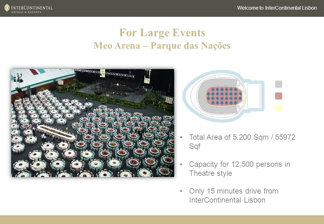 For Large Events Meo Arena – Parque das Nações Welcome to InterContinental Lisbon Total Area of Sqm / Sqf Capacity for 12,500 persons in Theatre style Only 15 minutes drive from InterContinental Lisbon