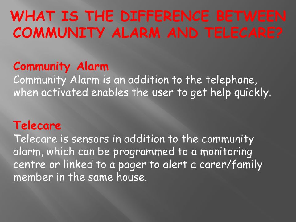 Community Alarm Community Alarm is an addition to the telephone, when activated enables the user to get help quickly.