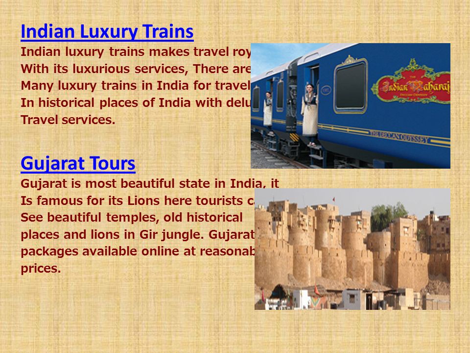 Indian Luxury Trains Indian luxury trains makes travel royal With its luxurious services, There are Many luxury trains in India for travelling In historical places of India with deluxe Travel services.