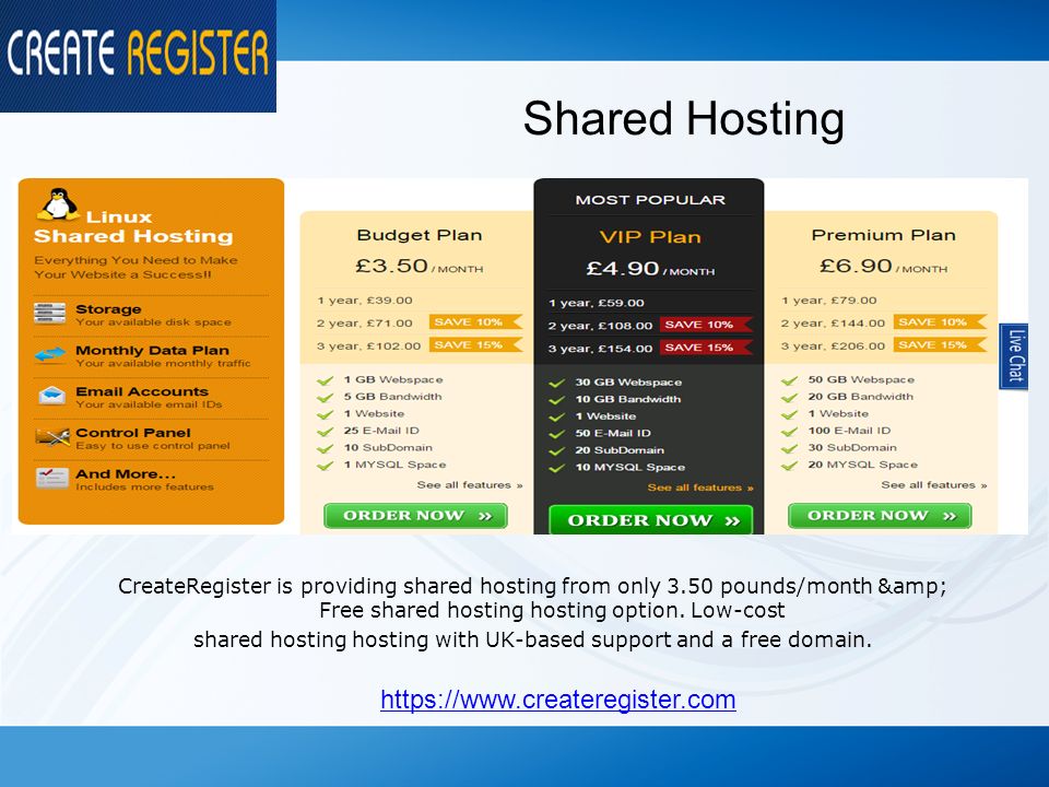Shared Hosting CreateRegister is providing shared hosting from only 3.50 pounds/month & Free shared hosting hosting option.
