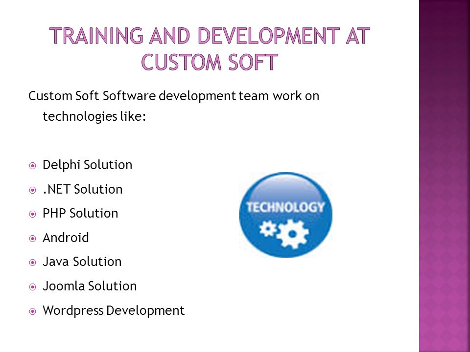 Custom Soft Software development team work on technologies like:  Delphi Solution .NET Solution  PHP Solution  Android  Java Solution  Joomla Solution  Wordpress Development