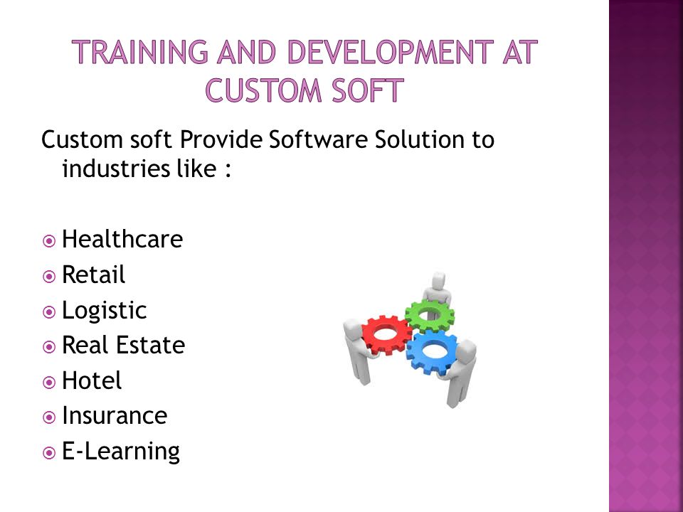 Custom soft Provide Software Solution to industries like :  Healthcare  Retail  Logistic  Real Estate  Hotel  Insurance  E-Learning