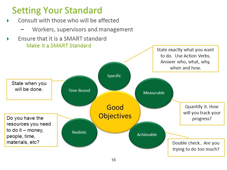  Consult with those who will be affected –Workers, supervisors and management  Ensure that it is a SMART standard Setting Your Standard 16 Make It a SMART Standard Good Objectives Specific Measurable Achievable Realistic Time Bound State when you will be done.