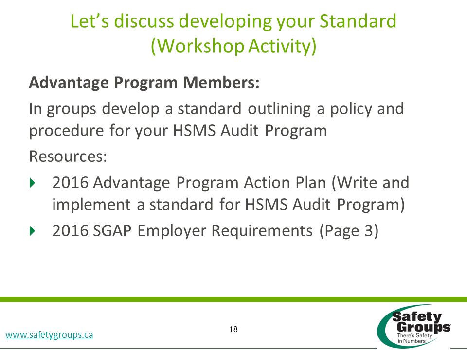 Accident Investigation SGRP CD Slide #18   Advantage Program Members: In groups develop a standard outlining a policy and procedure for your HSMS Audit Program Resources:  2016 Advantage Program Action Plan (Write and implement a standard for HSMS Audit Program)  2016 SGAP Employer Requirements (Page 3) Let’s discuss developing your Standard (Workshop Activity) 18