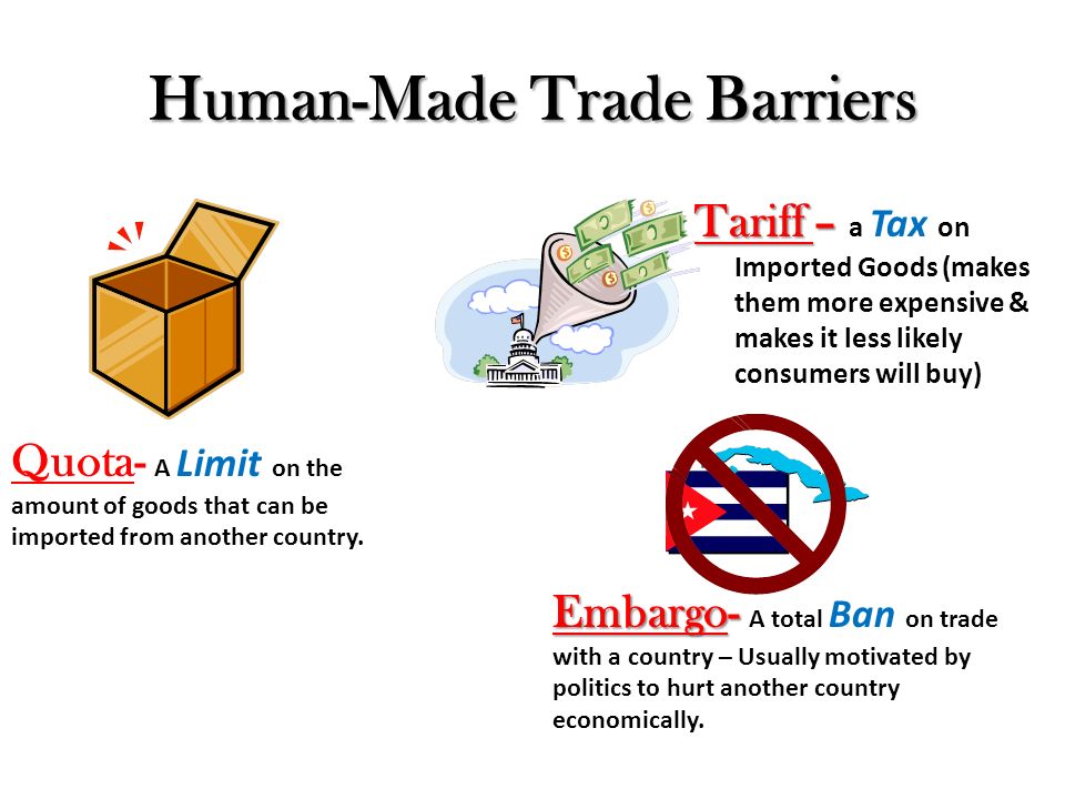 Human-Made Trade Barriers Tariff – Tariff – a Tax on Imported Goods (makes them more expensive & makes it less likely consumers will buy) Quota- A Limit on the amount of goods that can be imported from another country.