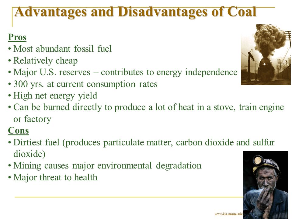 Advantages and Disadvantages of Coal Pros Most abundant fossil fuel Relatively cheap Major U.S.