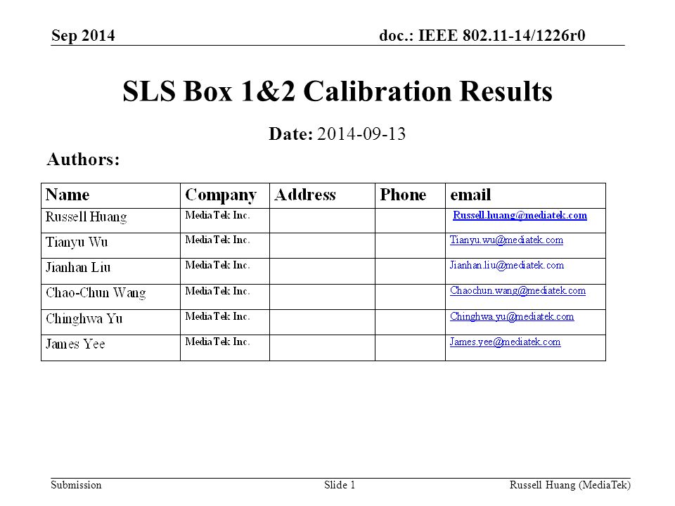 doc.: IEEE /1226r0 Submission Sep 2014 Slide 1 SLS Box 1&2 Calibration Results Date: Authors: Russell Huang (MediaTek)