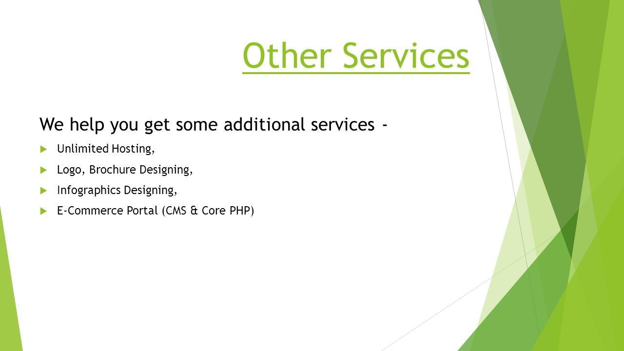 Other Services We help you get some additional services -  Unlimited Hosting,  Logo, Brochure Designing,  Infographics Designing,  E-Commerce Portal (CMS & Core PHP)