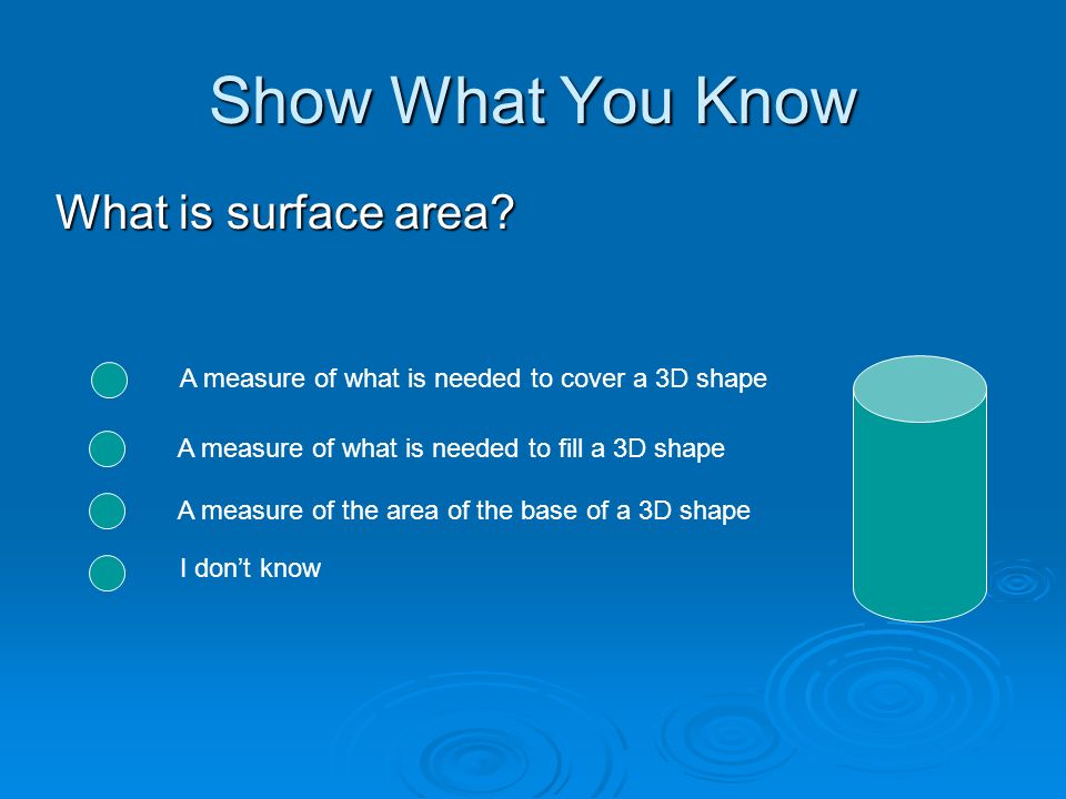 Show What You Know What is surface area.