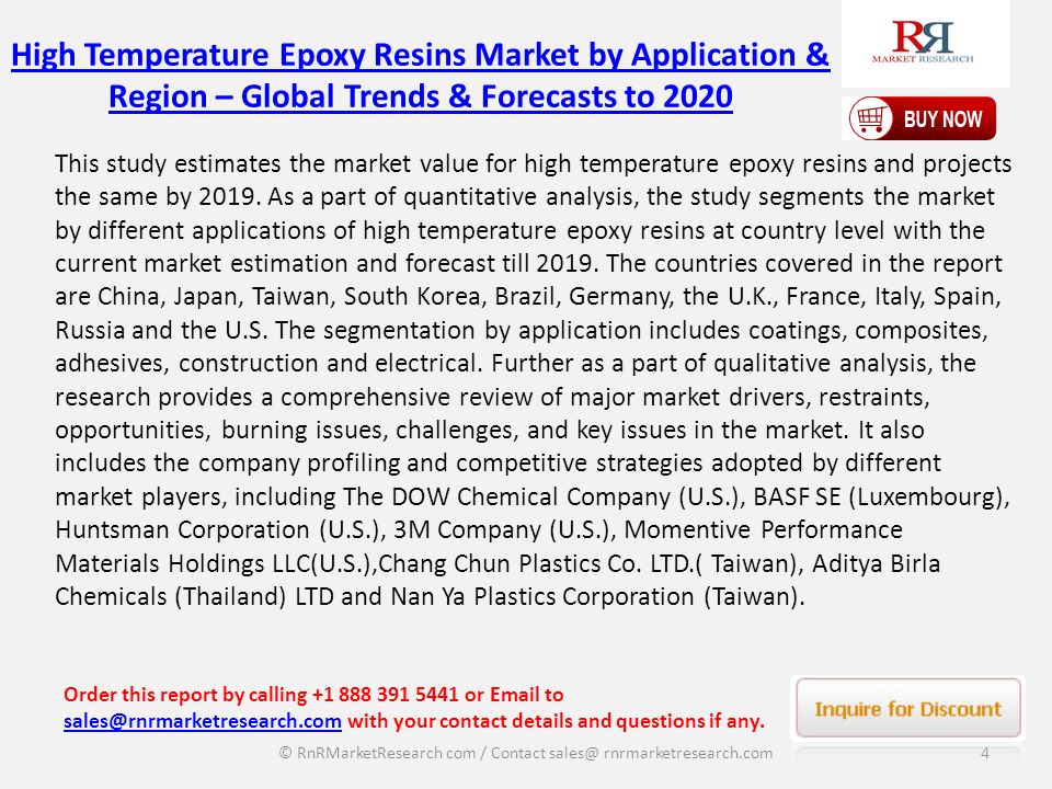 This study estimates the market value for high temperature epoxy resins and projects the same by 2019.