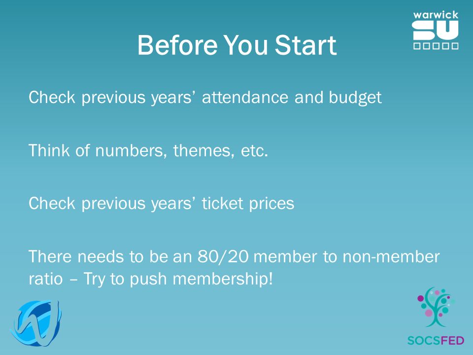 Before You Start Check previous years’ attendance and budget Think of numbers, themes, etc.