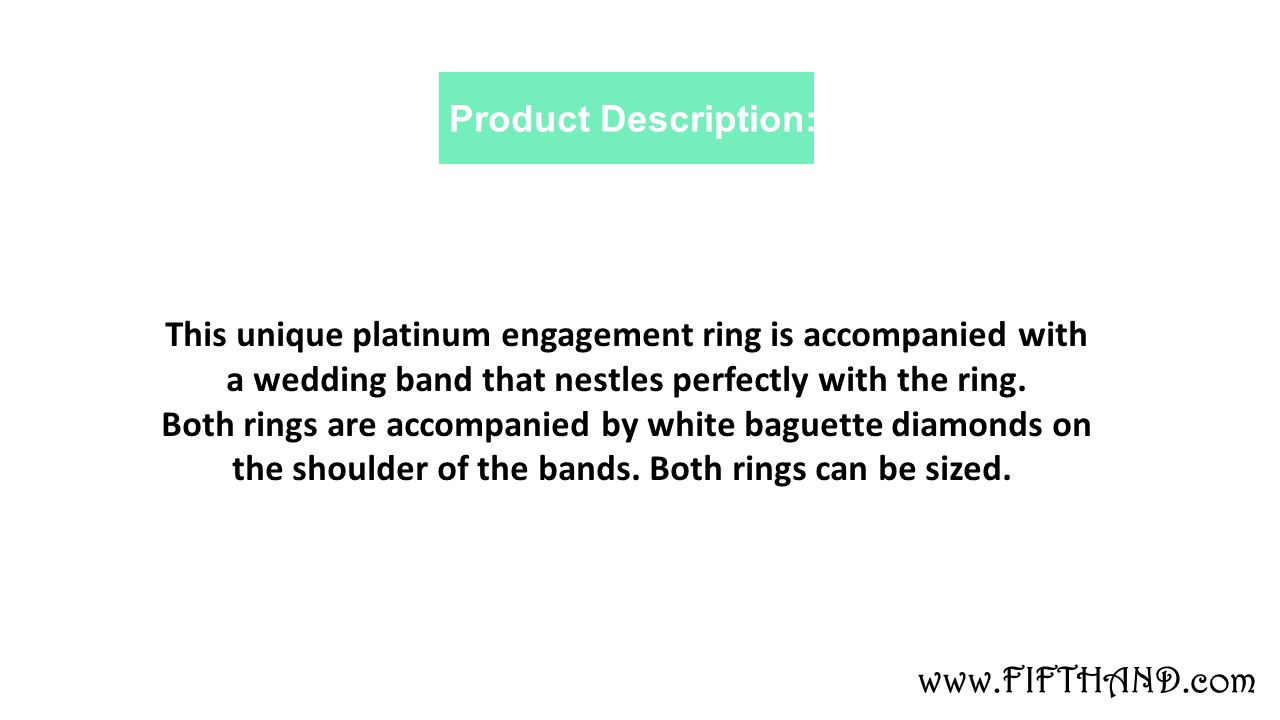 Product Description: This unique platinum engagement ring is accompanied with a wedding band that nestles perfectly with the ring.