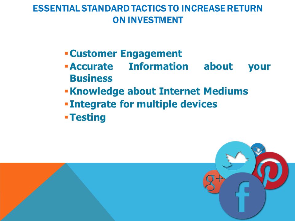 ESSENTIAL STANDARD TACTICS TO INCREASE RETURN ON INVESTMENT  Customer Engagement  Accurate Information about your Business  Knowledge about Internet Mediums  Integrate for multiple devices  Testing