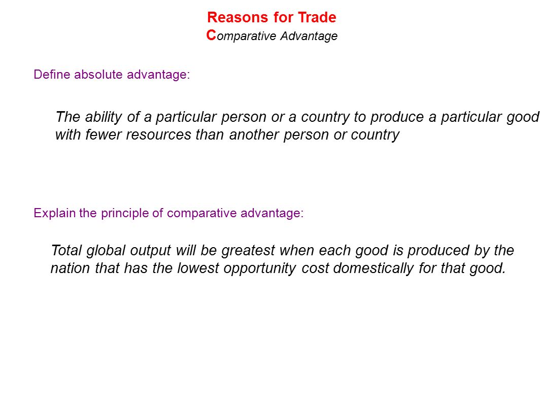 define absolute and comparative advantage in your own words The rain forest nation specializes in rope products, which it exports, and relies on imports for more technical products which i cannot produce, thus gaining comparative advantage in the economic marketplace. define absolute and comparative advantage in your own words The rain forest nation specializes in rope products, which it exports, and relies on imports for more technical products which i cannot produce, thus gaining comparative advantage in the economic marketplace.