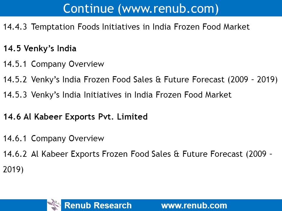 Renub Research   Continue ( Temptation Foods Initiatives in India Frozen Food Market 14.5 Venky’s India Company Overview Venky’s India Frozen Food Sales & Future Forecast (2009 – 2019) Venky’s India Initiatives in India Frozen Food Market 14.6 Al Kabeer Exports Pvt.
