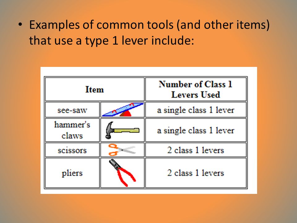Examples of common tools (and other items) that use a type 1 lever include: