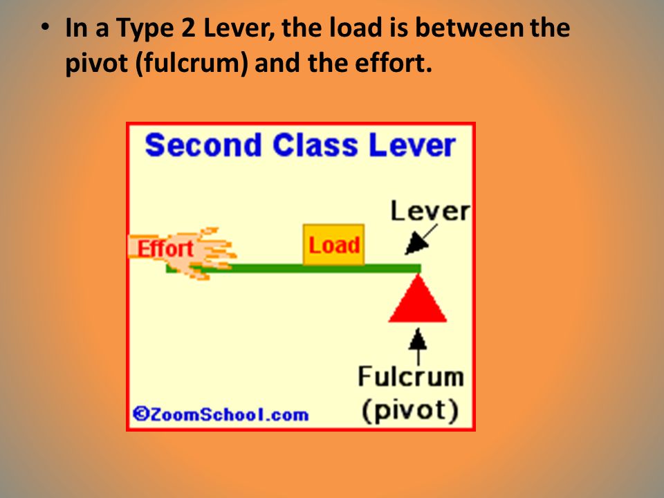 In a Type 2 Lever, the load is between the pivot (fulcrum) and the effort.