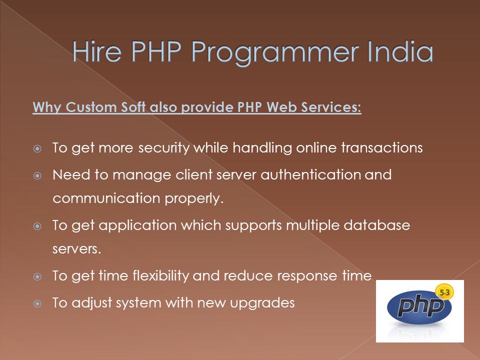Why Custom Soft also provide PHP Web Services:  To get more security while handling online transactions  Need to manage client server authentication and communication properly.