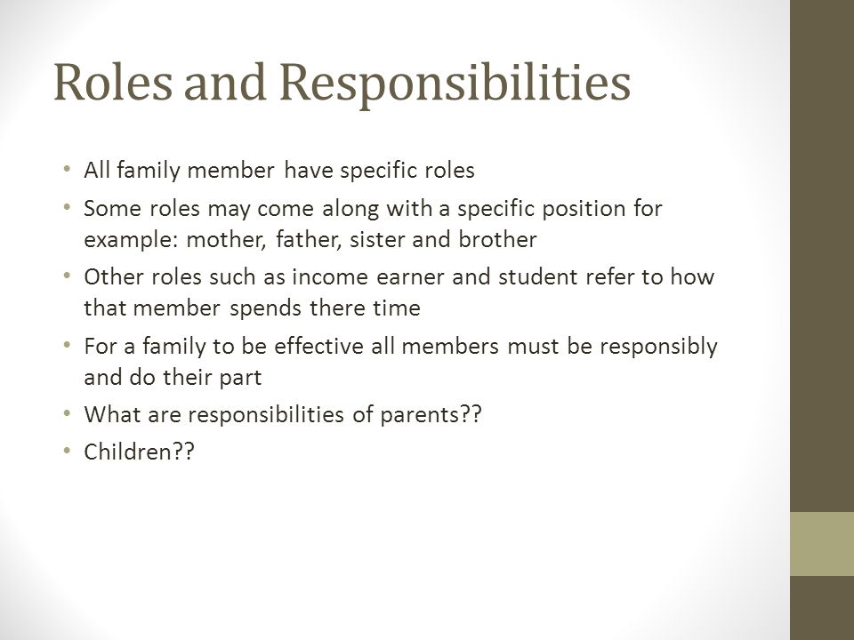 the roles and responsibilities of two members of the children essay Abstract: parents provide the foundational role of support, nurturance, and guidance for their children that role includes the fundamental right to direct the child’s upbringing it is essential that society support parents by respecting their natural right and present legal authority to make decisions for their children, including educational and medical. the roles and responsibilities of two members of the children essay Abstract: parents provide the foundational role of support, nurturance, and guidance for their children that role includes the fundamental right to direct the child’s upbringing it is essential that society support parents by respecting their natural right and present legal authority to make decisions for their children, including educational and medical.
