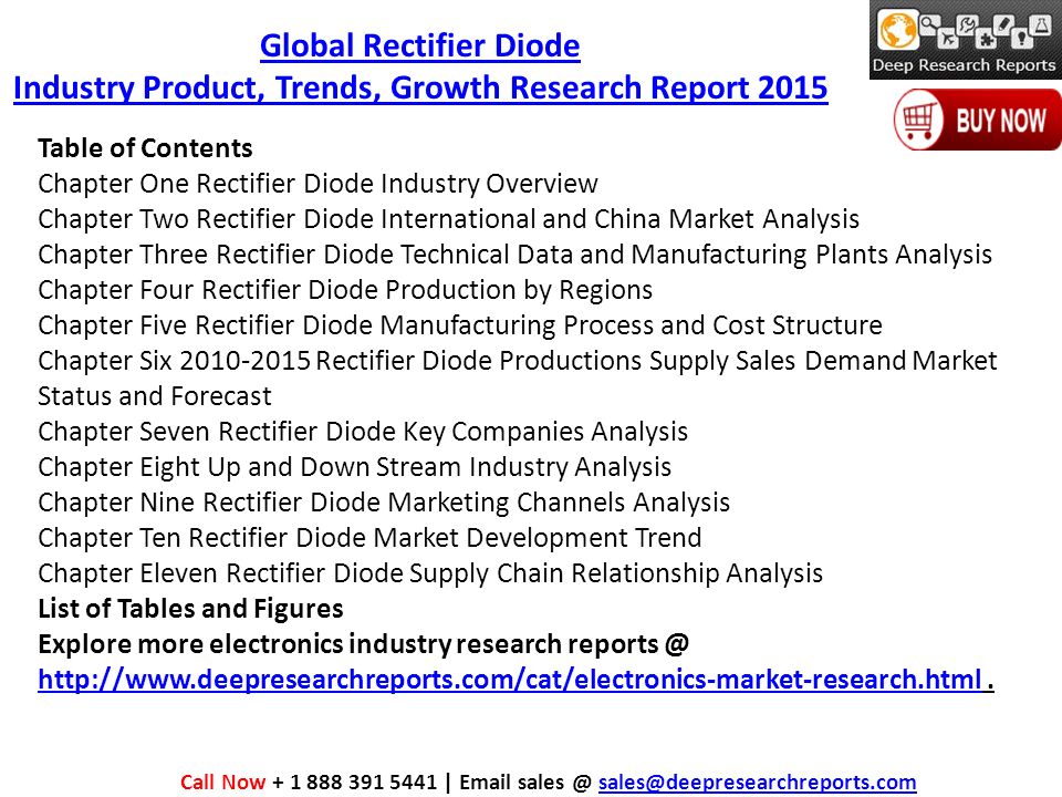 Table of Contents Chapter One Rectifier Diode Industry Overview Chapter Two Rectifier Diode International and China Market Analysis Chapter Three Rectifier Diode Technical Data and Manufacturing Plants Analysis Chapter Four Rectifier Diode Production by Regions Chapter Five Rectifier Diode Manufacturing Process and Cost Structure Chapter Six Rectifier Diode Productions Supply Sales Demand Market Status and Forecast Chapter Seven Rectifier Diode Key Companies Analysis Chapter Eight Up and Down Stream Industry Analysis Chapter Nine Rectifier Diode Marketing Channels Analysis Chapter Ten Rectifier Diode Market Development Trend Chapter Eleven Rectifier Diode Supply Chain Relationship Analysis List of Tables and Figures Explore more electronics industry research