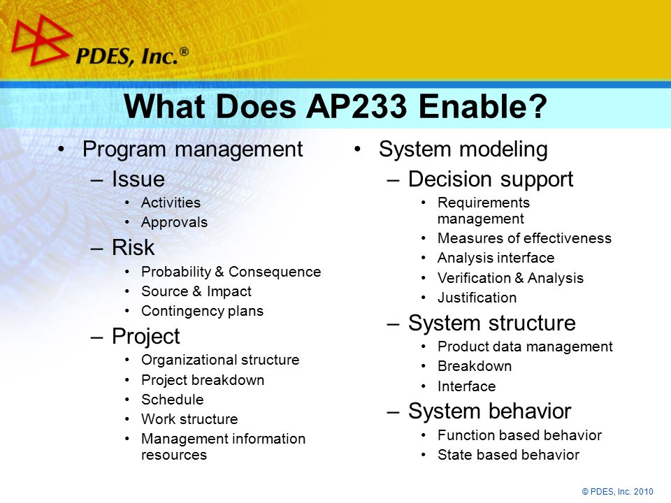 © PDES, Inc What Does AP233 Enable.