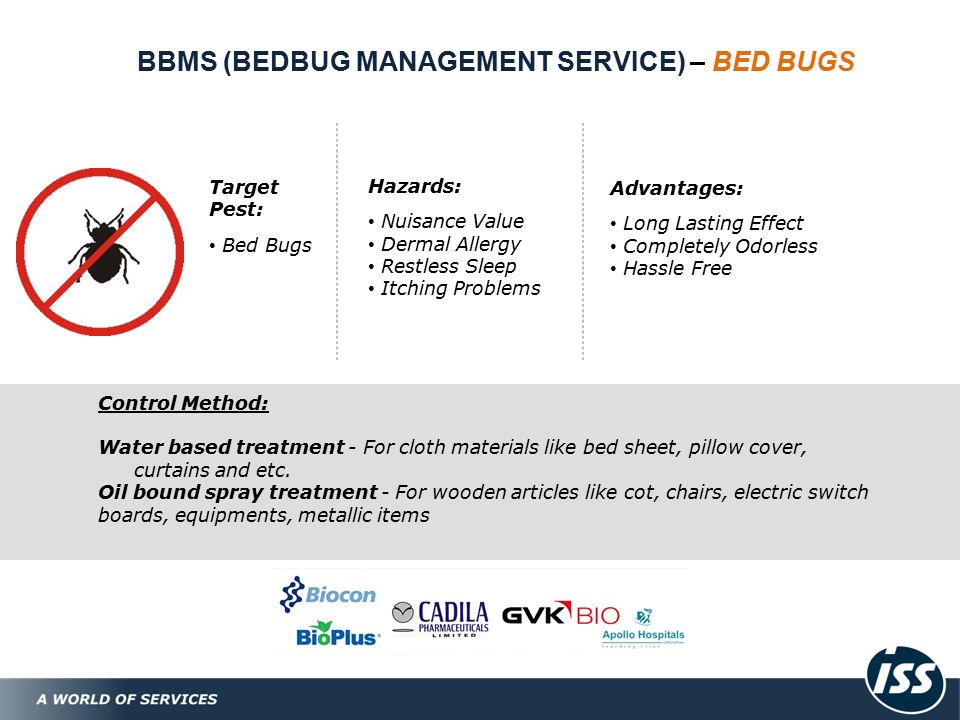 BBMS (BEDBUG MANAGEMENT SERVICE) – BED BUGS Target Pest: Bed Bugs Hazards: Nuisance Value Dermal Allergy Restless Sleep Itching Problems Advantages: Long Lasting Effect Completely Odorless Hassle Free Control Method: Water based treatment - For cloth materials like bed sheet, pillow cover, curtains and etc.