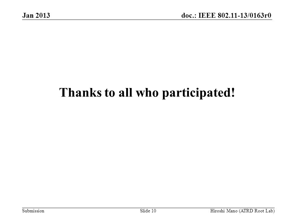 doc.: IEEE /0163r0 Submission Thanks to all who participated.