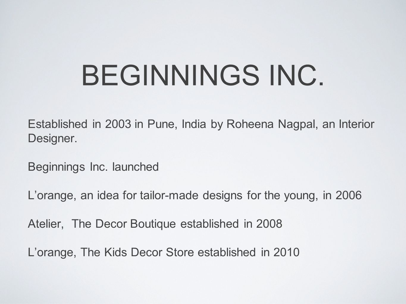 Established in 2003 in Pune, India by Roheena Nagpal, an Interior Designer.