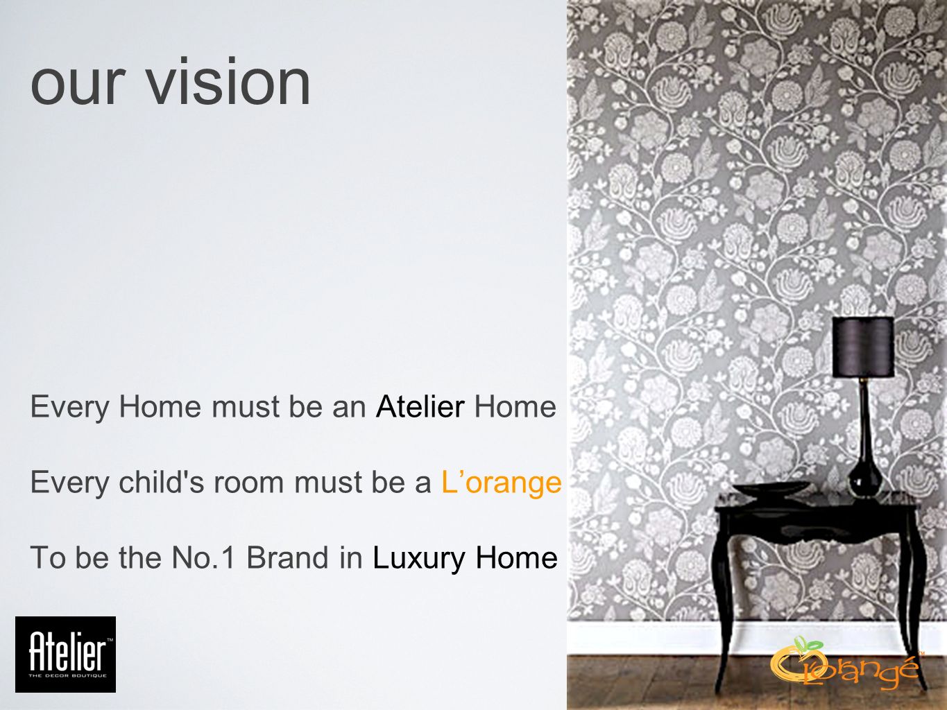 our vision Every Home must be an Atelier Home Every child s room must be a L’orange Room To be the No.1 Brand in Luxury Home Decor In India