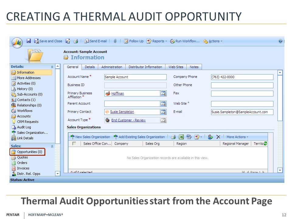 PENTAIR HOFFMAN ® MCLEAN ® 12 CREATING A THERMAL AUDIT OPPORTUNITY Thermal Audit Opportunities start from the Account Page