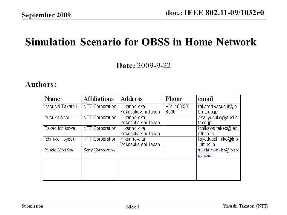 doc.: IEEE /0161r1 Submission doc.: IEEE /1032r0 Slide 1 Simulation Scenario for OBSS in Home Network Date: Authors: September 2009 Yasushi Takatori (NTT)