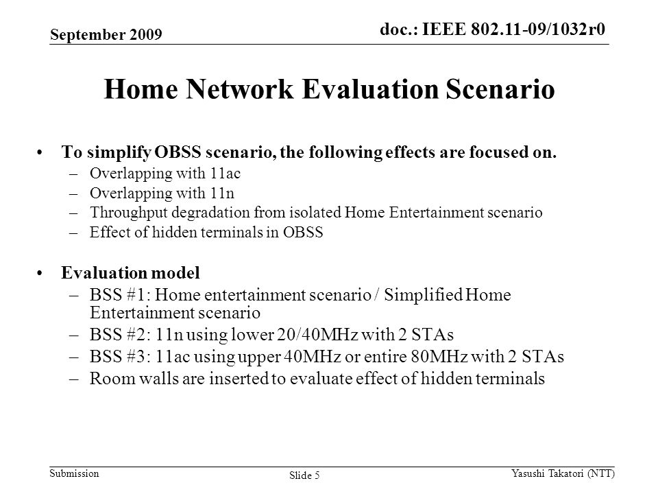 doc.: IEEE /0161r1 Submission doc.: IEEE /1032r0 Home Network Evaluation Scenario To simplify OBSS scenario, the following effects are focused on.