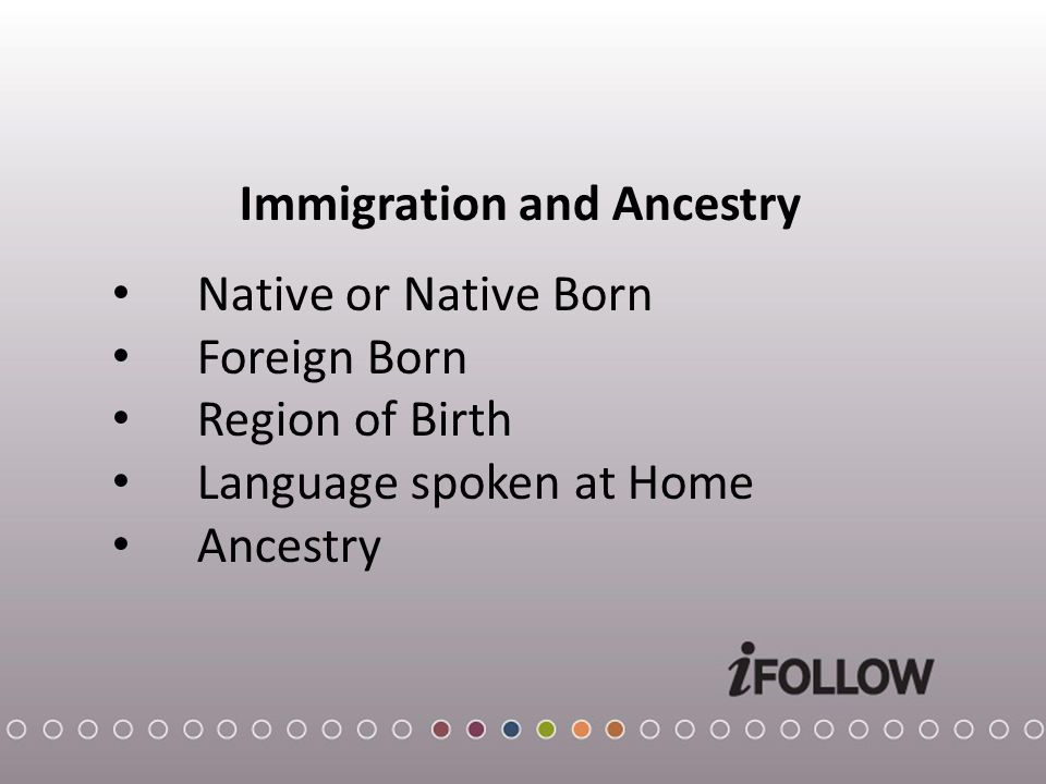 Native or Native Born Foreign Born Region of Birth Language spoken at Home Ancestry