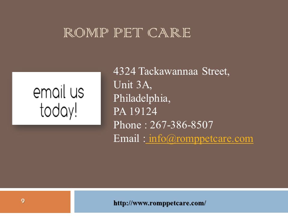 ROMP PET CARE 4324 Tackawannaa Street, Unit 3A, Philadelphia, PA Phone :