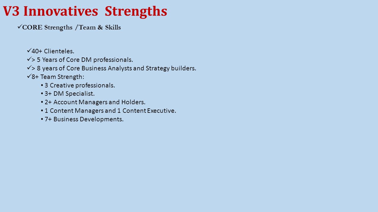 V3 Innovatives Strengths CORE Strengths /Team & Skills 40+ Clienteles.