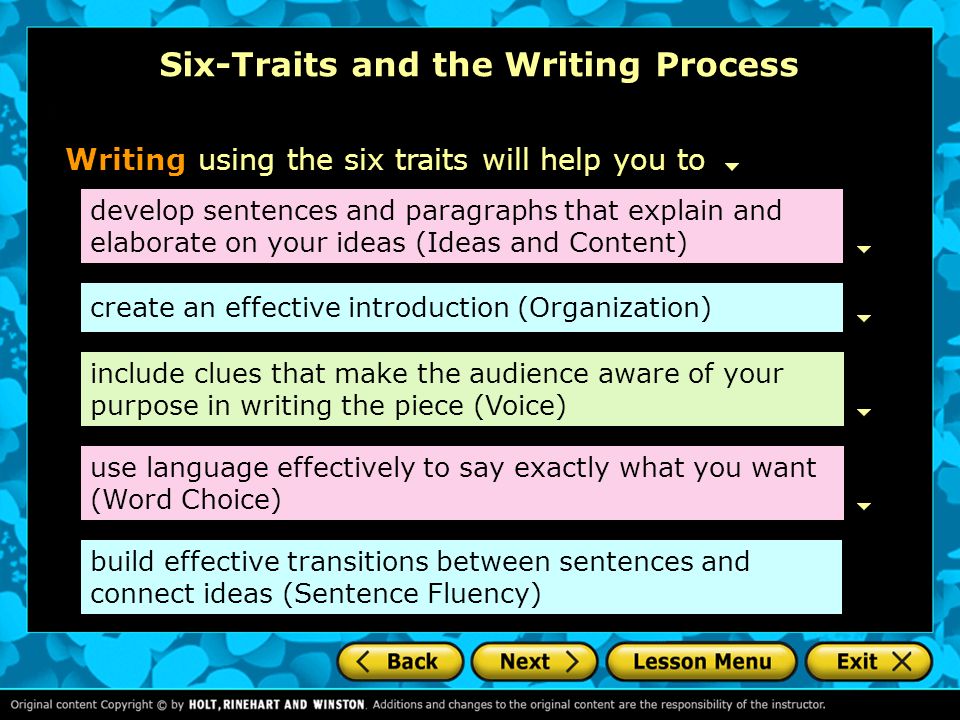what are the six traits of writing Review the 6 + 1 traits of writing on this web page and then take the quiz to test your understanding. what are the six traits of writing Review the 6 + 1 traits of writing on this web page and then take the quiz to test your understanding.