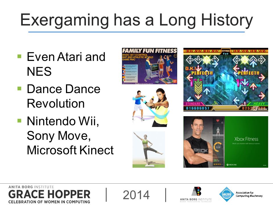 2014 Exergaming has a Long History  Even Atari and NES  Dance Dance Revolution  Nintendo Wii, Sony Move, Microsoft Kinect