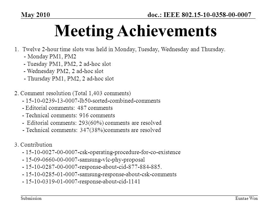 doc.: IEEE Submission May 2010 Euntae Won 1.Twelve 2-hour time slots was held in Monday, Tuesday, Wednesday and Thursday.