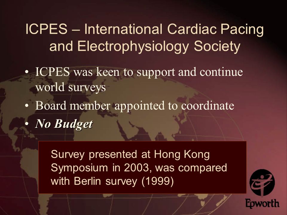 ICPES – International Cardiac Pacing and Electrophysiology Society ICPES was keen to support and continue world surveys Board member appointed to coordinate No BudgetNo Budget Survey presented at Hong Kong Symposium in 2003, was compared with Berlin survey (1999)