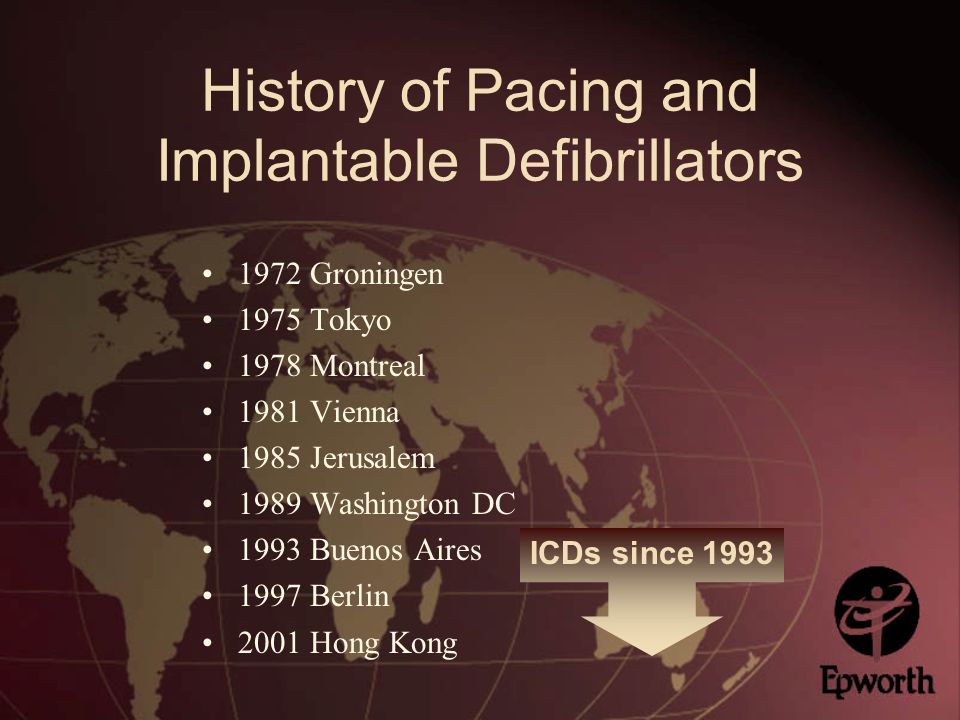 History of Pacing and Implantable Defibrillators 1972 Groningen 1975 Tokyo 1978 Montreal 1981 Vienna 1985 Jerusalem 1989 Washington DC 1993 Buenos Aires 1997 Berlin 2001 Hong Kong ICDs since 1993