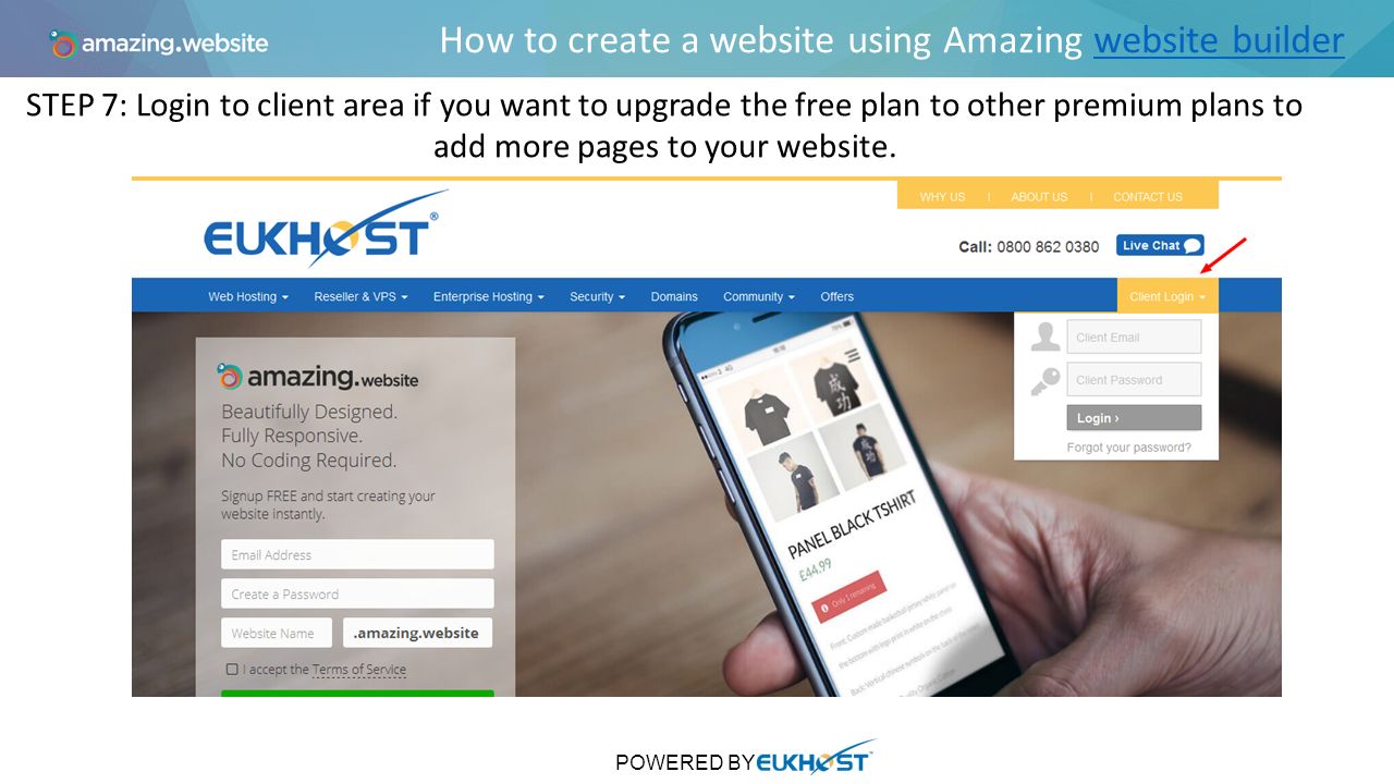How to create a website using Amazing website builderwebsite builder STEP 7: Login to client area if you want to upgrade the free plan to other premium plans to add more pages to your website.
