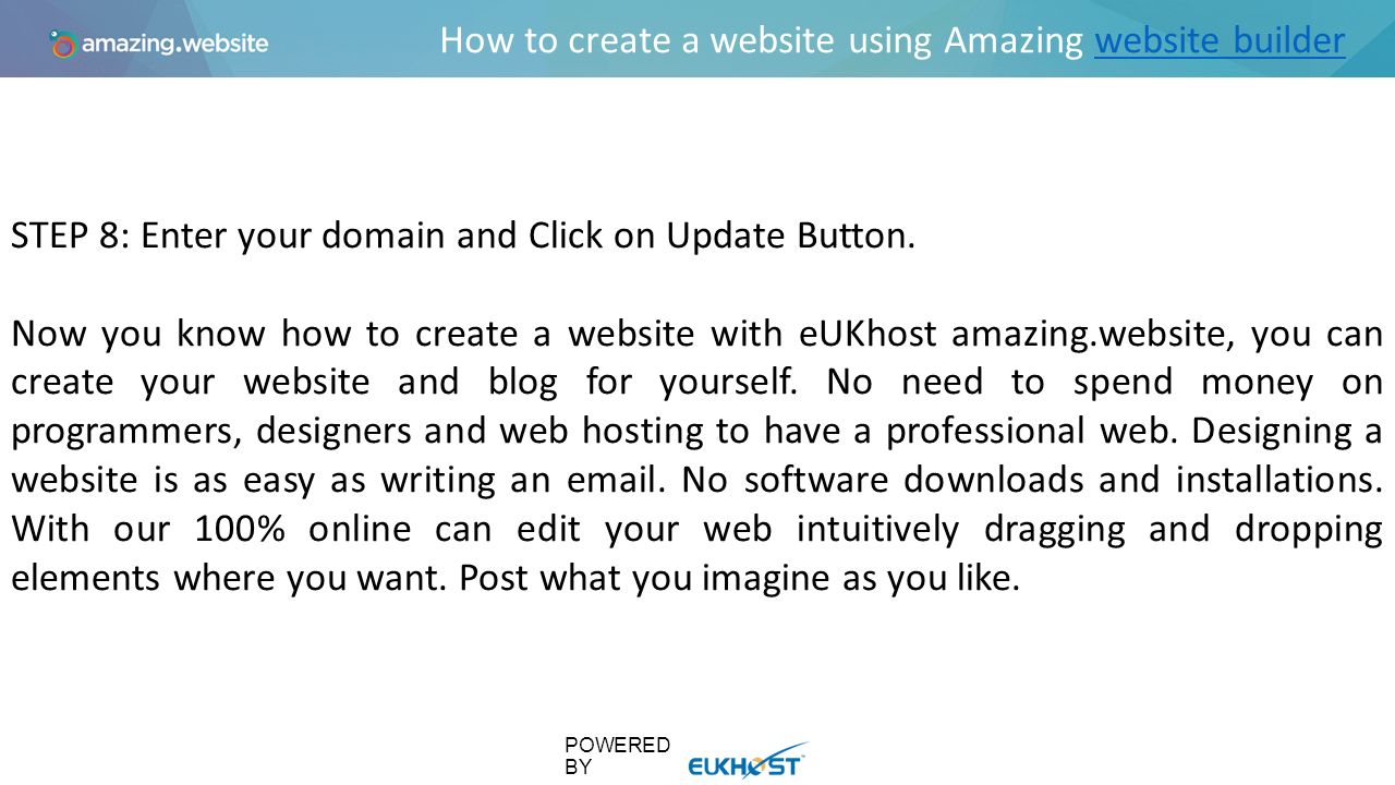 How to create a website using Amazing website builderwebsite builder STEP 8: Enter your domain and Click on Update Button.