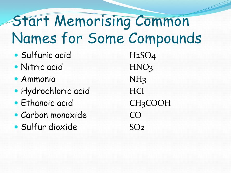 1 3 Chemical Equations Teacher Notes These Lessons Assume 6 Start Memorising Common Names For Some Compounds Sulfuric Acid H2so4 Nitric Hno3 Ammonia Nh3 Hydrochloric Hcl Ethanoic Ch3cooh Carbon