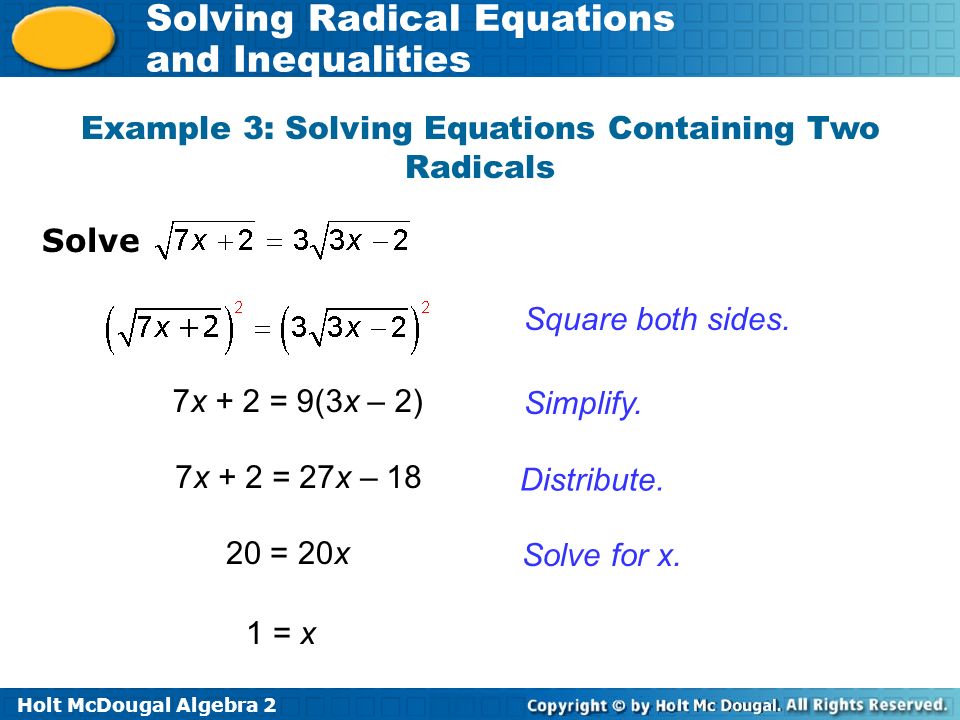 Radical Equations With Two Radicals Tessshlo Holt Mcdougal Algebra 2 Solving Radical Equations And Inequalities